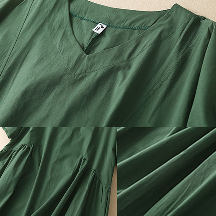 Sukienka midi z bawełny Buddha Stones w swobodnym, czystym kolorze, z krótkim rękawem, dekoltem w serek i kieszeniami - image 3