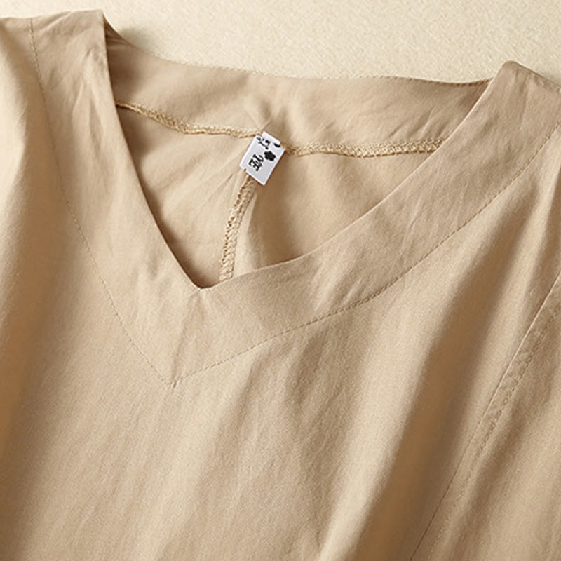 Sukienka midi z bawełny Buddha Stones w swobodnym, czystym kolorze, z krótkim rękawem, dekoltem w serek i kieszeniami - image 12