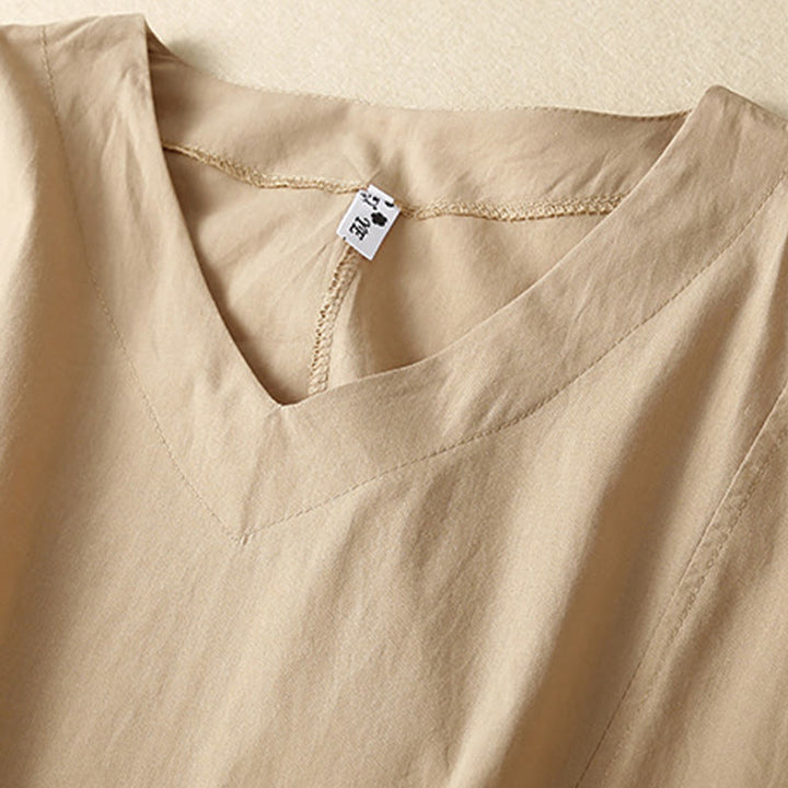 Sukienka midi z bawełny Buddha Stones w swobodnym, czystym kolorze, z krótkim rękawem, dekoltem w serek i kieszeniami - image 12