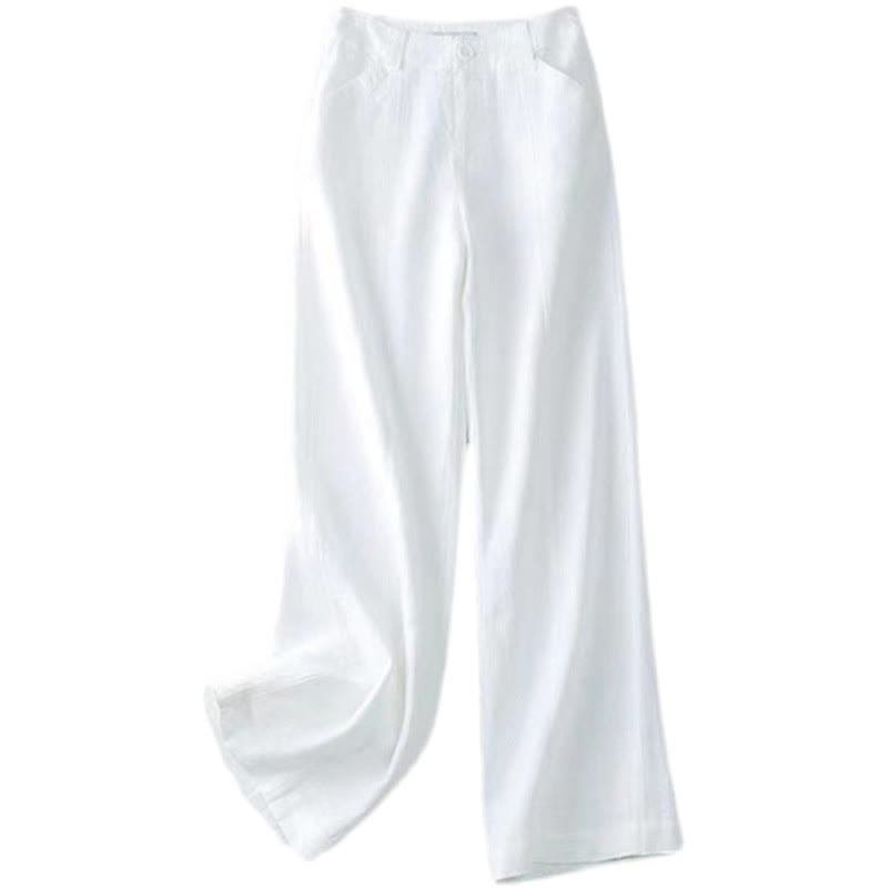 Buddha Stones Casual Retro Gładkie Wysokie Spodnie Bawełniane Lniane Damskie Szerokie Nogawki Z Kieszeniami