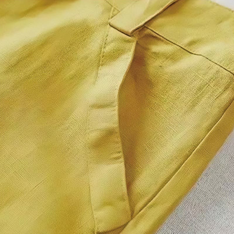 Buddha Stones Casual Retro Gładkie Wysokie Spodnie Bawełniane Lniane Damskie Szerokie Nogawki Z Kieszeniami