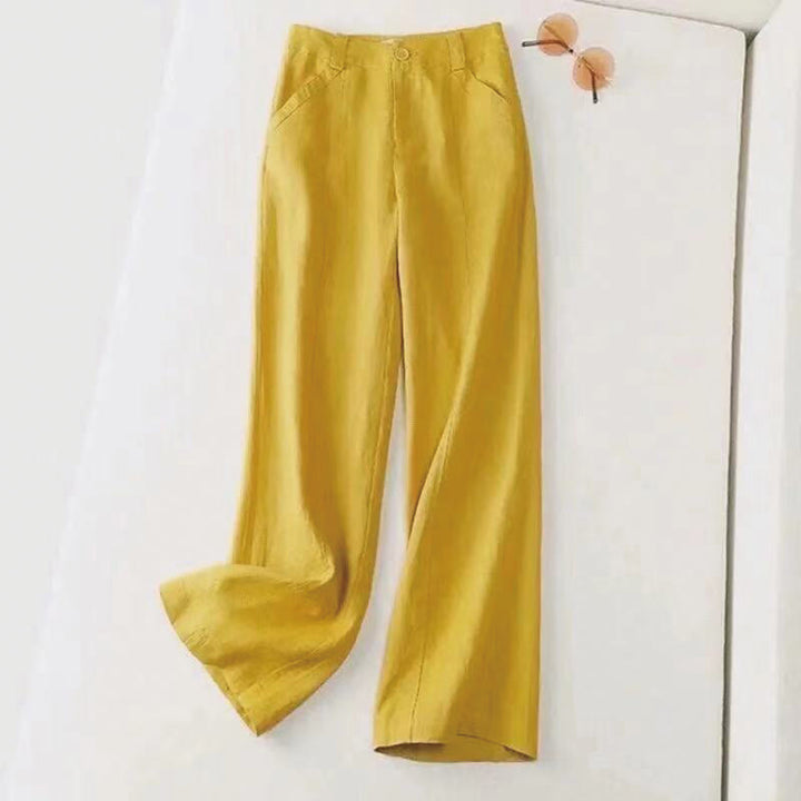 Buddha Stones Casual Retro Gładkie Wysokie Spodnie Bawełniane Lniane Damskie Szerokie Nogawki Z Kieszeniami