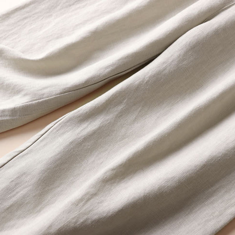 Buddha Stones Commute Jednokolorowe Spodnie z Sznurkiem do Ściągania 7-8 Długość Bawełna Lniane Damskie Szerokie Nogawki Z Kieszeniami - image 5