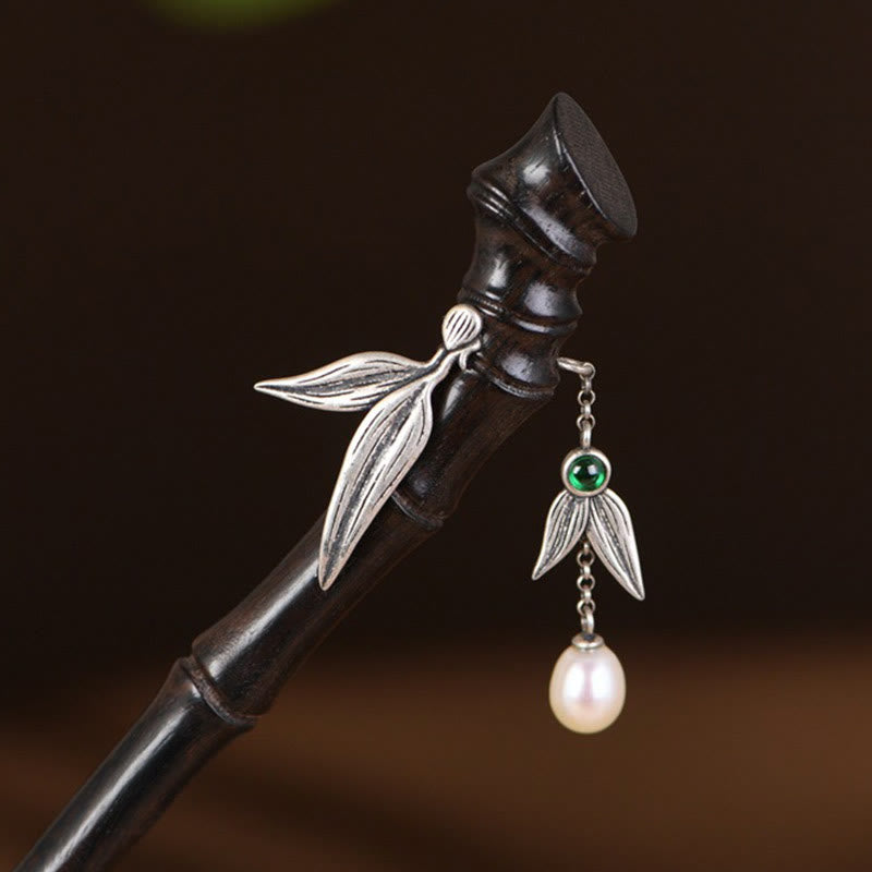 Buddha Stones 925 Srebro Sterlingowe Czerwone Drzewo Sandałowe Heban Bambus Power Hairpin