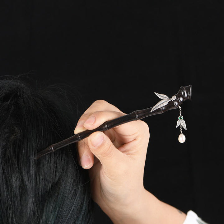 Buddha Stones 925 Srebro Sterlingowe Czerwone Drzewo Sandałowe Heban Bambus Power Hairpin