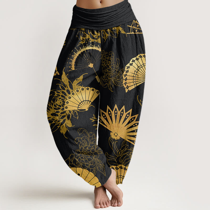 Spodnie haremowe damskie z elastycznym pasem i wzorem kwiatów w kształcie wachlarza z Buddha Stones - Czarny - US22, UK/AU26, EU54 (6XL) - image 1