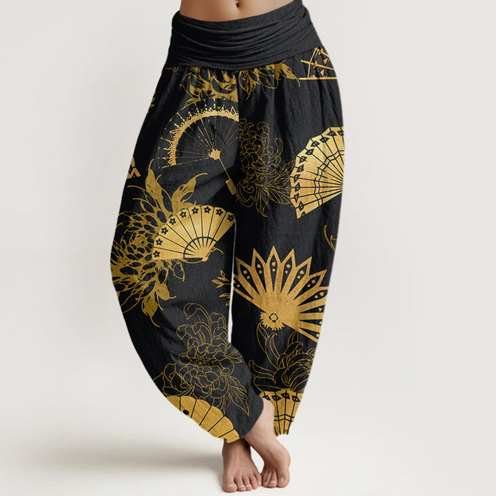 Spodnie haremowe damskie z elastycznym pasem i wzorem kwiatów w kształcie wachlarza z Buddha Stones - Czarny - US22, UK/AU26, EU54 (6XL) - image 1