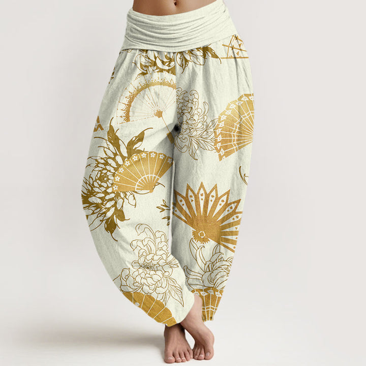 Spodnie haremowe damskie z elastycznym pasem i wzorem kwiatów w kształcie wachlarza z Buddha Stones - Jedwab kukurydziany - US22, UK/AU26, EU54 (6XL) - image 8