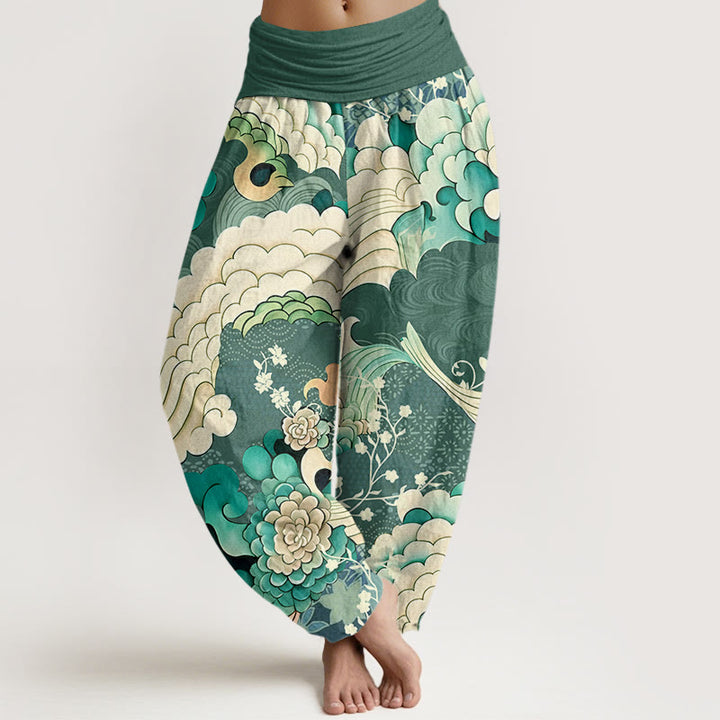 Spodnie haremowe damskie z elastycznym pasem i wzorem kwiatów Buddha Stones - SeaGreen - US22, UK/AU26, EU54 (6XL) - image 1
