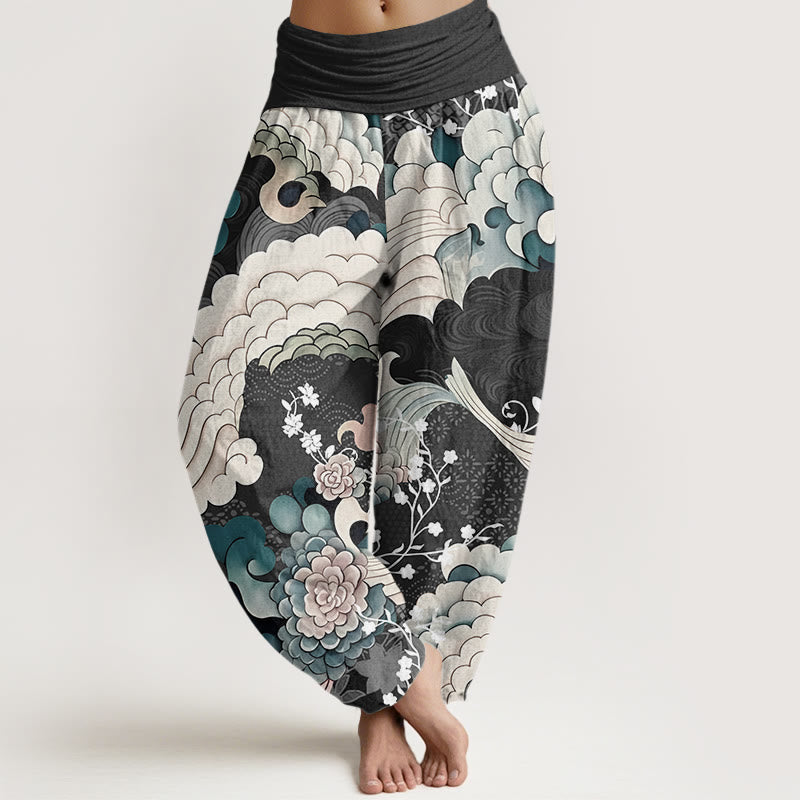 Spodnie haremowe damskie z elastycznym pasem i wzorem kwiatów Buddha Stones - Czarny - US22, UK/AU26, EU54 (6XL) - image 5