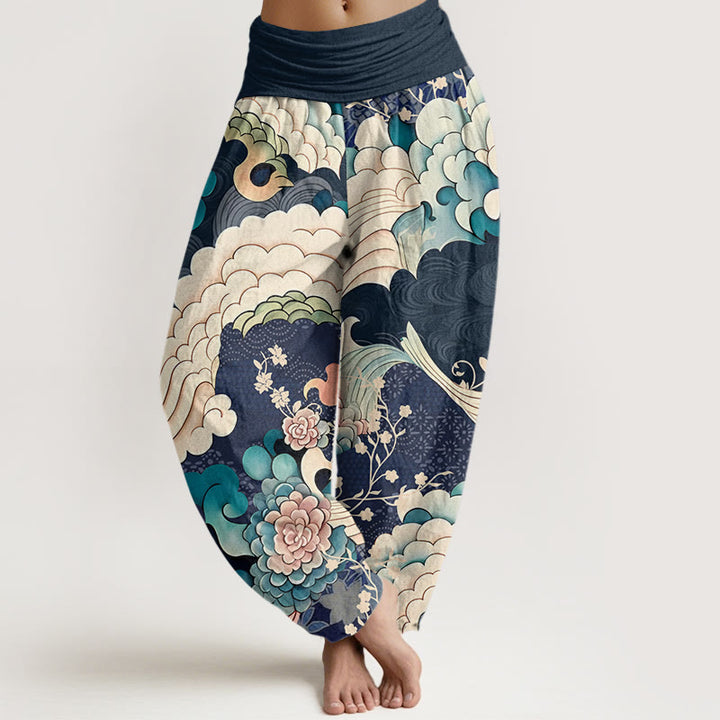 Spodnie haremowe damskie z elastycznym pasem i wzorem kwiatów Buddha Stones - MidnightBlue - US22, UK/AU26, EU54 (6XL) - image 8
