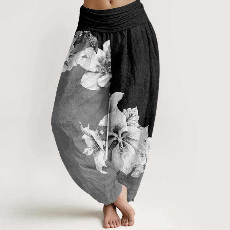 Spodnie haremowe damskie z elastycznym pasem i wzorem w Buddha Stones w kamelię - Czarny - US22, UK/AU26, EU54 (6XL) - image 8