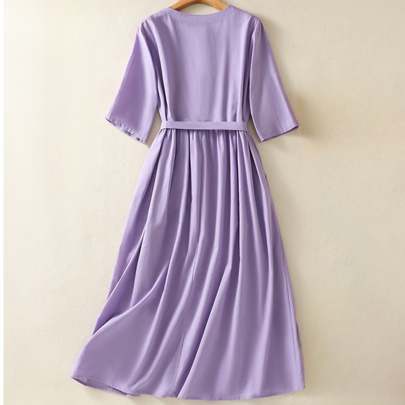 Sukienka midi z haftem Buddha Stones Letnia Orchidea Sznurowana Dekolt w Serek Pół Rękawy Bawełna Len Z Kieszeniami - image 1