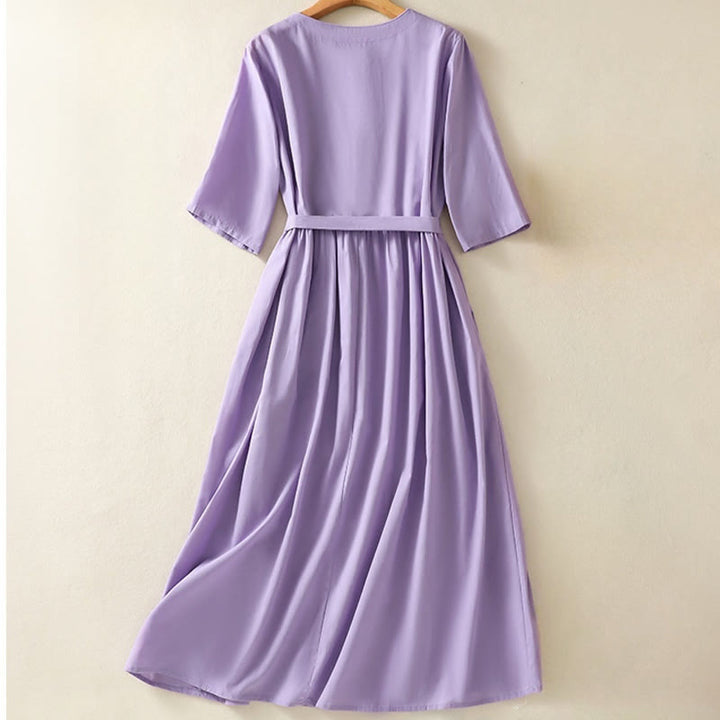 Sukienka midi z haftem Buddha Stones Letnia Orchidea Sznurowana Dekolt w Serek Pół Rękawy Bawełna Len Z Kieszeniami - image 1