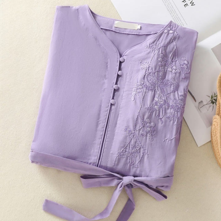 Sukienka midi z haftem Buddha Stones Letnia Orchidea Sznurowana Dekolt w Serek Pół Rękawy Bawełna Len Z Kieszeniami - image 2