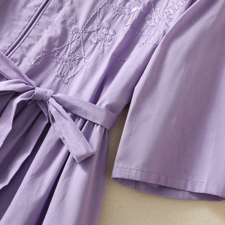 Sukienka midi z haftem Buddha Stones Letnia Orchidea Sznurowana Dekolt w Serek Pół Rękawy Bawełna Len Z Kieszeniami - image 6