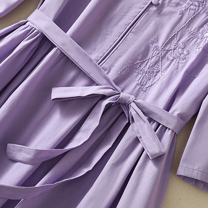 Sukienka midi z haftem Buddha Stones Letnia Orchidea Sznurowana Dekolt w Serek Pół Rękawy Bawełna Len Z Kieszeniami - image 7