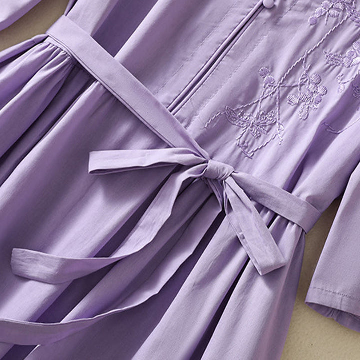 Sukienka midi z haftem Buddha Stones Letnia Orchidea Sznurowana Dekolt w Serek Pół Rękawy Bawełna Len Z Kieszeniami - image 7