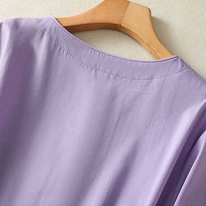 Sukienka midi z haftem Buddha Stones Letnia Orchidea Sznurowana Dekolt w Serek Pół Rękawy Bawełna Len Z Kieszeniami - image 5