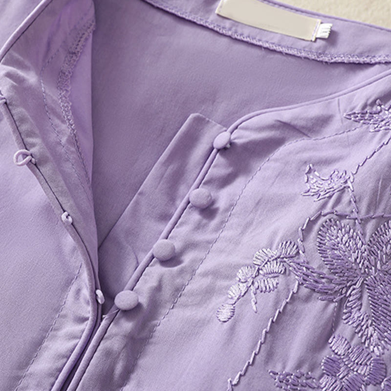 Sukienka midi z haftem Buddha Stones Letnia Orchidea Sznurowana Dekolt w Serek Pół Rękawy Bawełna Len Z Kieszeniami - image 4