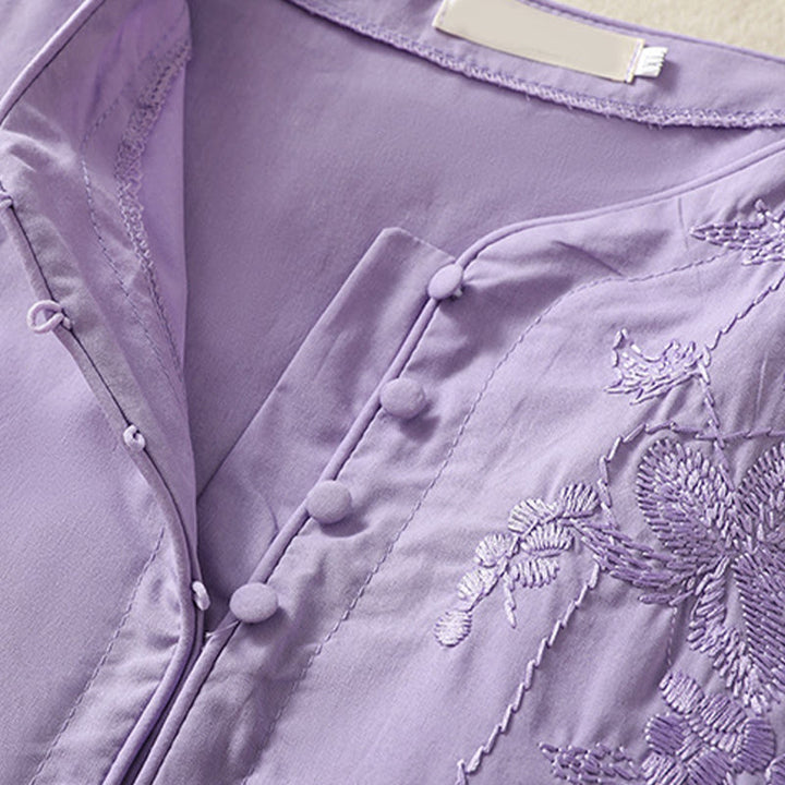 Sukienka midi z haftem Buddha Stones Letnia Orchidea Sznurowana Dekolt w Serek Pół Rękawy Bawełna Len Z Kieszeniami - image 4