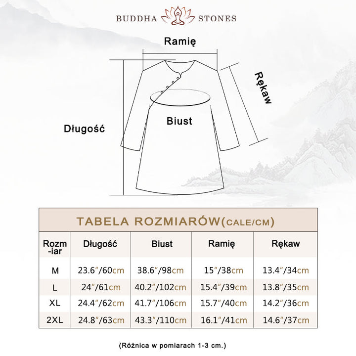 Buddha Stones Niebieskie Kwiaty Pomarańczowe Liście Żabka-Guzik Trzy Czwarte Rękawy Bawełniana Lniana Koszula - image 4