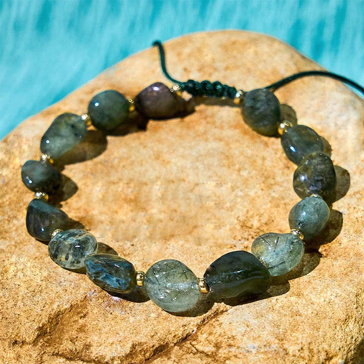 Bransoletka ochronna z warkoczem z zielonego kwarcu rutylowego Buddha Stones