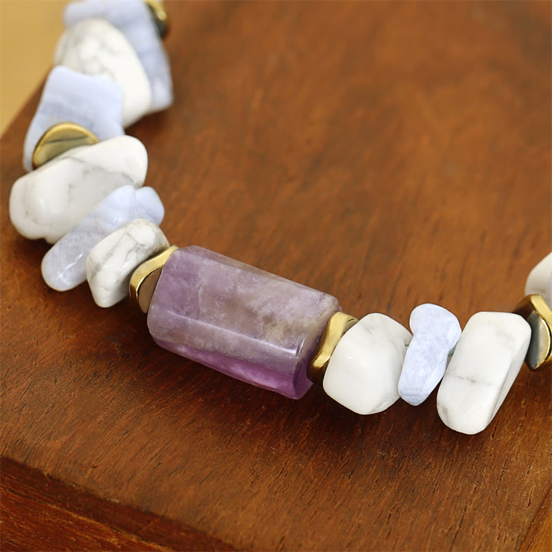 Buddha Stones De-Stress Ametyst Niebieski Koronkowy Agat Howlite Bransoletka Lecznicza
