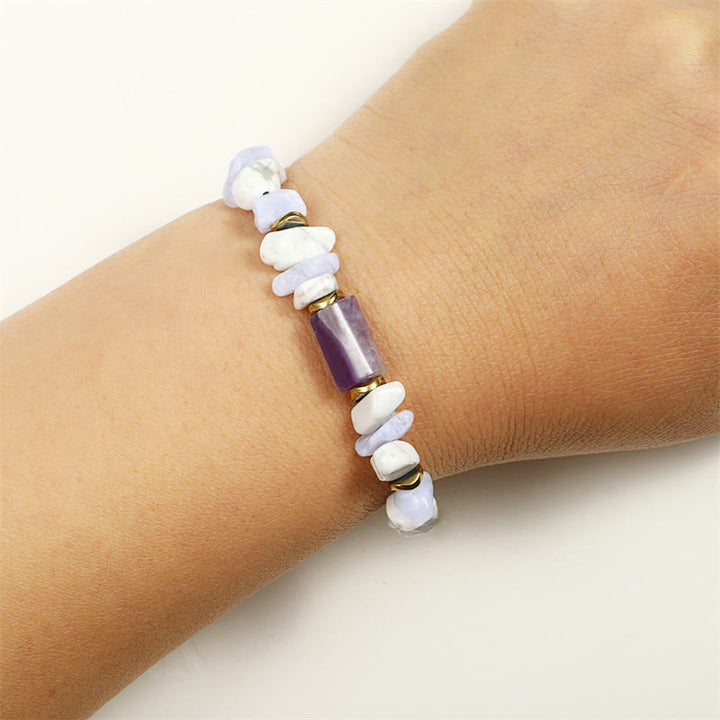 Buddha Stones De-Stress Ametyst Niebieski Koronkowy Agat Howlite Bransoletka Lecznicza