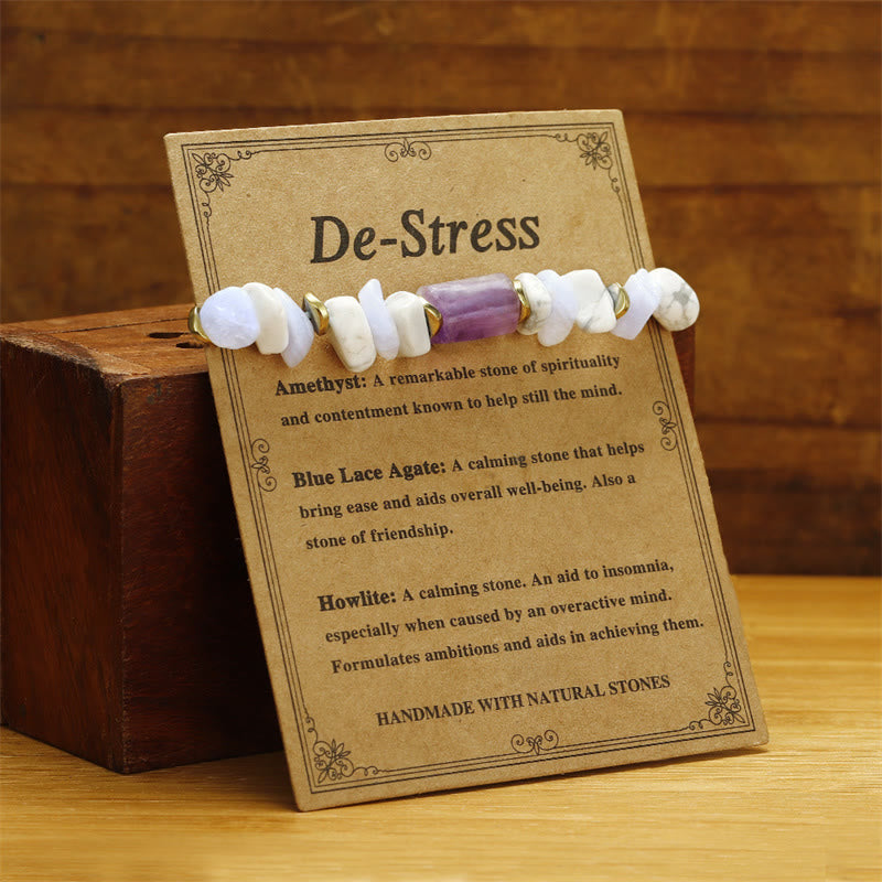 Buddha Stones De-Stress Ametyst Niebieski Koronkowy Agat Howlite Bransoletka Lecznicza
