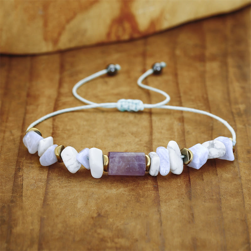Buddha Stones De-Stress Ametyst Niebieski Koronkowy Agat Howlite Bransoletka Lecznicza