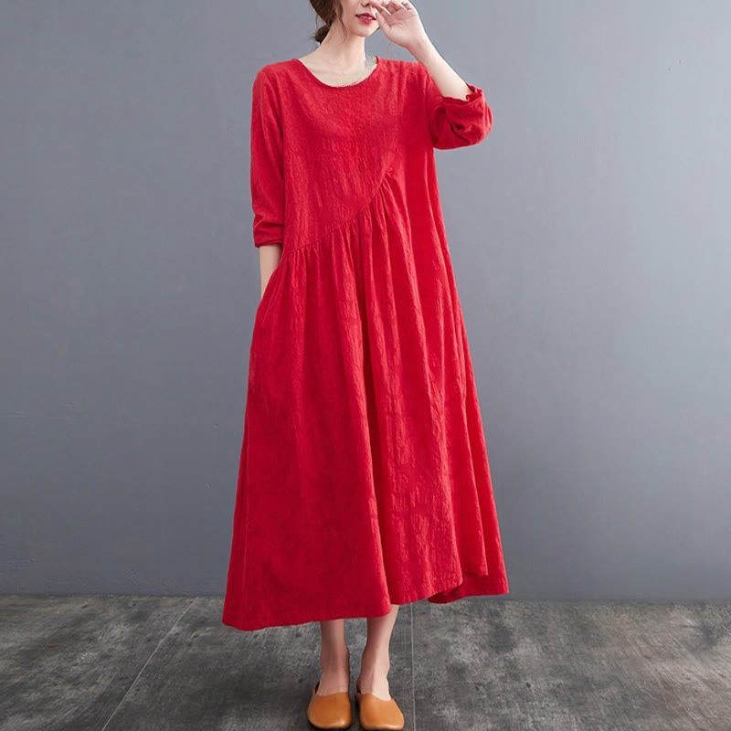 Sukienka midi damska z długimi rękawami, bawełną i lnem, z kieszeniami, z wzorem żakardowym i Buddha Stones - image 11