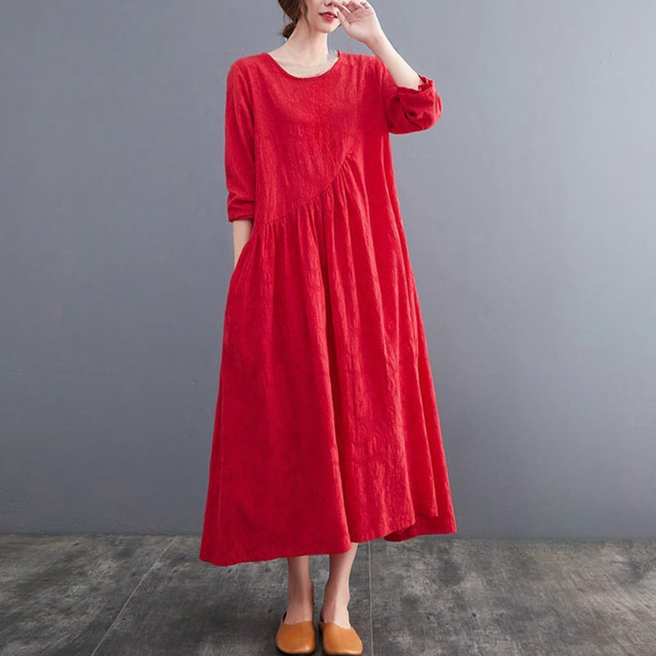 Sukienka midi damska z długimi rękawami, bawełną i lnem, z kieszeniami, z wzorem żakardowym i Buddha Stones - image 11