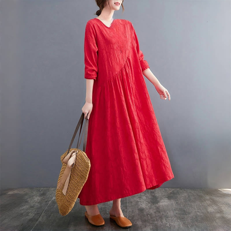 Sukienka midi damska z długimi rękawami, bawełną i lnem, z kieszeniami, z wzorem żakardowym i Buddha Stones - image 9