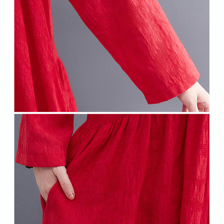 Sukienka midi damska z długimi rękawami, bawełną i lnem, z kieszeniami, z wzorem żakardowym i Buddha Stones - image 18