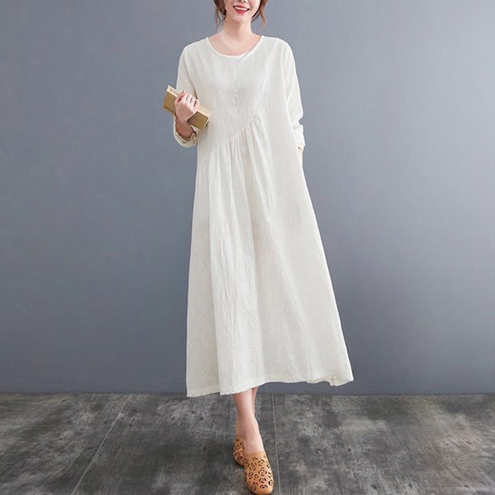 Sukienka midi damska z długimi rękawami, bawełną i lnem, z kieszeniami, z wzorem żakardowym i Buddha Stones - image 4