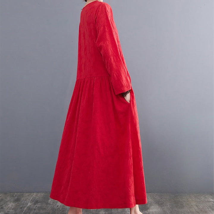 Sukienka midi damska z długimi rękawami, bawełną i lnem, z kieszeniami, z wzorem żakardowym i Buddha Stones - image 14