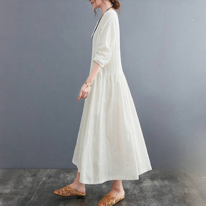 Sukienka midi damska z długimi rękawami, bawełną i lnem, z kieszeniami, z wzorem żakardowym i Buddha Stones - image 2