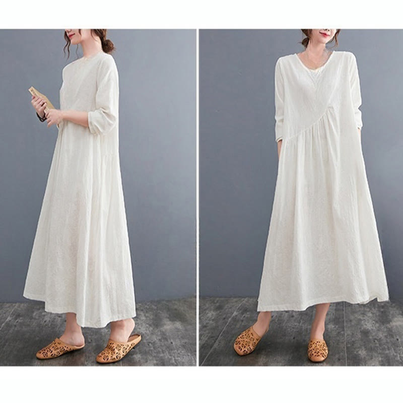 Sukienka midi damska z długimi rękawami, bawełną i lnem, z kieszeniami, z wzorem żakardowym i Buddha Stones - image 6