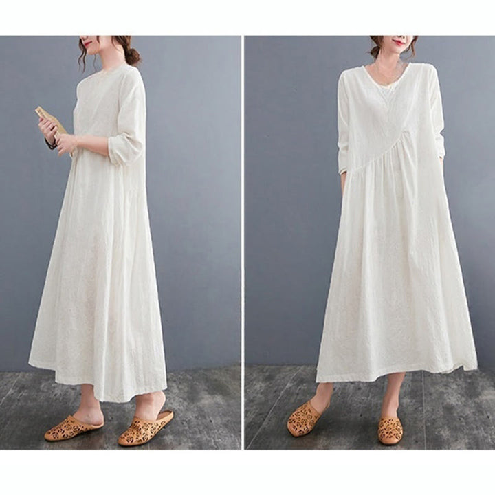 Sukienka midi damska z długimi rękawami, bawełną i lnem, z kieszeniami, z wzorem żakardowym i Buddha Stones - image 6