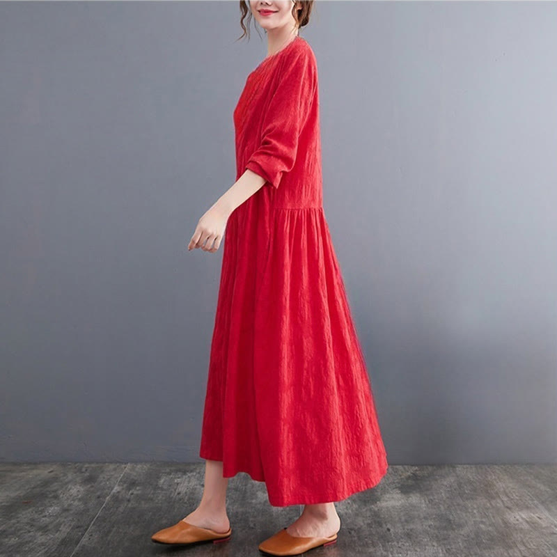 Sukienka midi damska z długimi rękawami, bawełną i lnem, z kieszeniami, z wzorem żakardowym i Buddha Stones - image 10