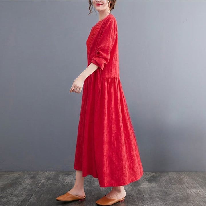 Sukienka midi damska z długimi rękawami, bawełną i lnem, z kieszeniami, z wzorem żakardowym i Buddha Stones - image 10