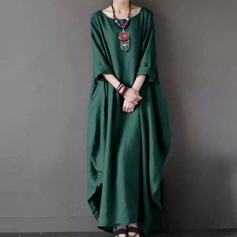 Sukienka maxi damska z bawełny z trzema czwartymi rękawami i jednolitym kolorem "Buddha Stones" - Ciemnozielony - US16, UK/AU20, EU48 (5XL) - image 9