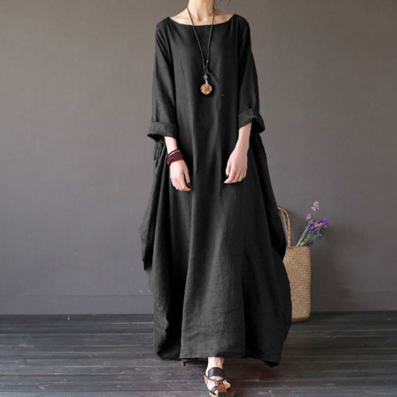 Sukienka maxi damska z bawełny z trzema czwartymi rękawami i jednolitym kolorem "Buddha Stones" - Czarny - US16, UK/AU20, EU48 (5XL) - image 11
