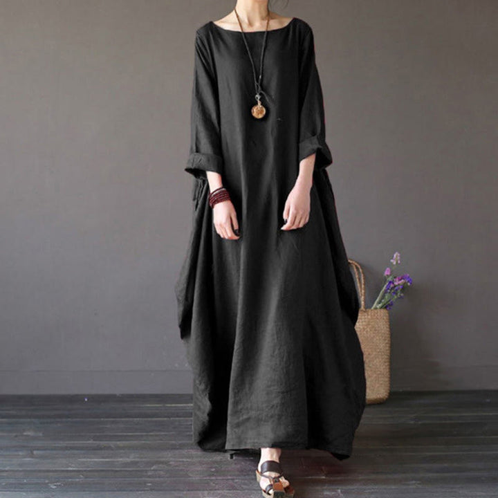 Sukienka maxi damska z bawełny z trzema czwartymi rękawami i jednolitym kolorem "Buddha Stones" - Czarny - US16, UK/AU20, EU48 (5XL) - image 11