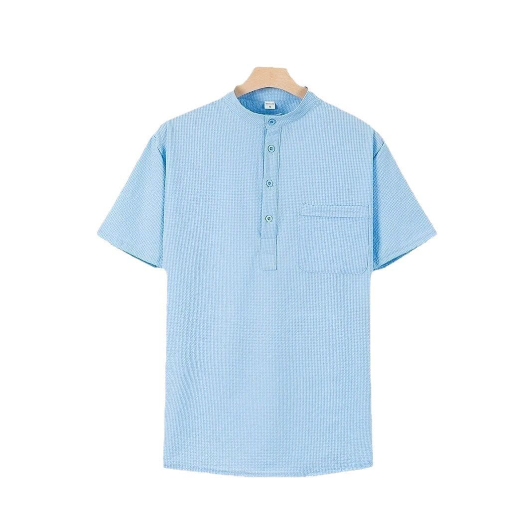 Koszula męska z krótkim rękawem w jednolitym kolorze Polo w kratkę z Buddha Stones - LightSkyBlue - US/UK/AU46， EU56 (3XL) - image 0