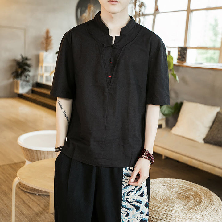Koszula męska z krótkim rękawem z bawełny Buddha Stones Summer Plain Color Frog-Button - Czarny - US/UK/AU46， EU56 (5XL) - image 3