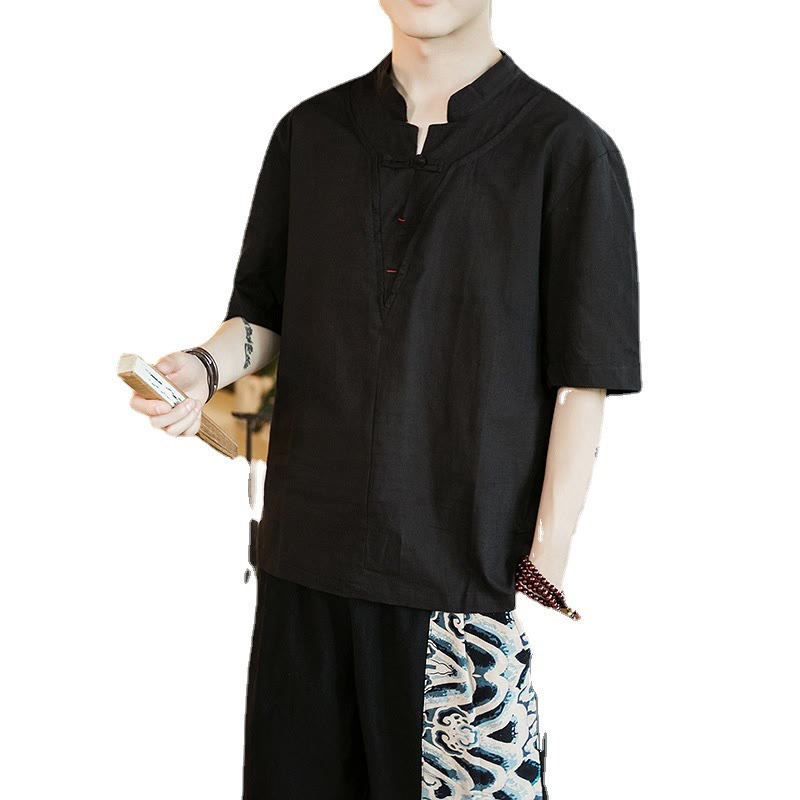 Koszula męska z krótkim rękawem z bawełny Buddha Stones Summer Plain Color Frog-Button - image 4