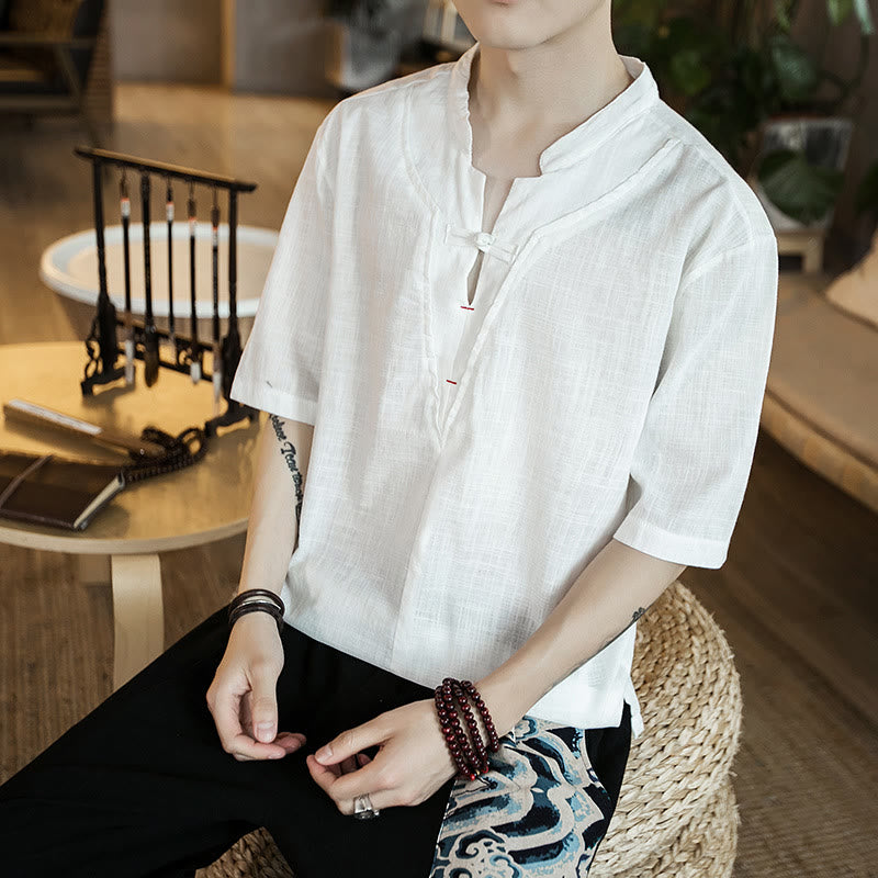 Koszula męska z krótkim rękawem z bawełny Buddha Stones Summer Plain Color Frog-Button - image 2