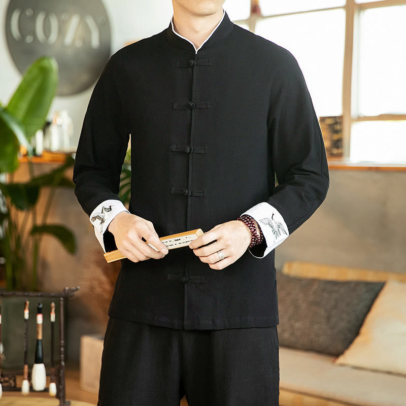 Koszula męska z długim rękawem z bawełny Buddha Stones Tang Suit z żabą i guzikami Crane - Czarny - US/UK/AU46， EU56 (5XL) - image 16